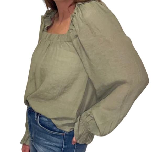 Blu Pepper Ruffled Blouse Women's Size L Sage Green Puff Sleeve Crepe Square - Picture 2 of 13